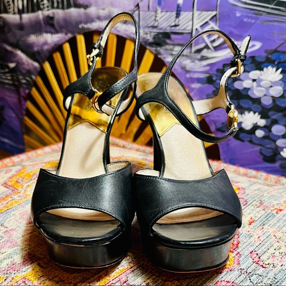 MICHAEL Michael Kors Shoes - MICHAEL Michael Kors Black Leather Gold MK Emblem Open-Toe 4” Stiletto Heels